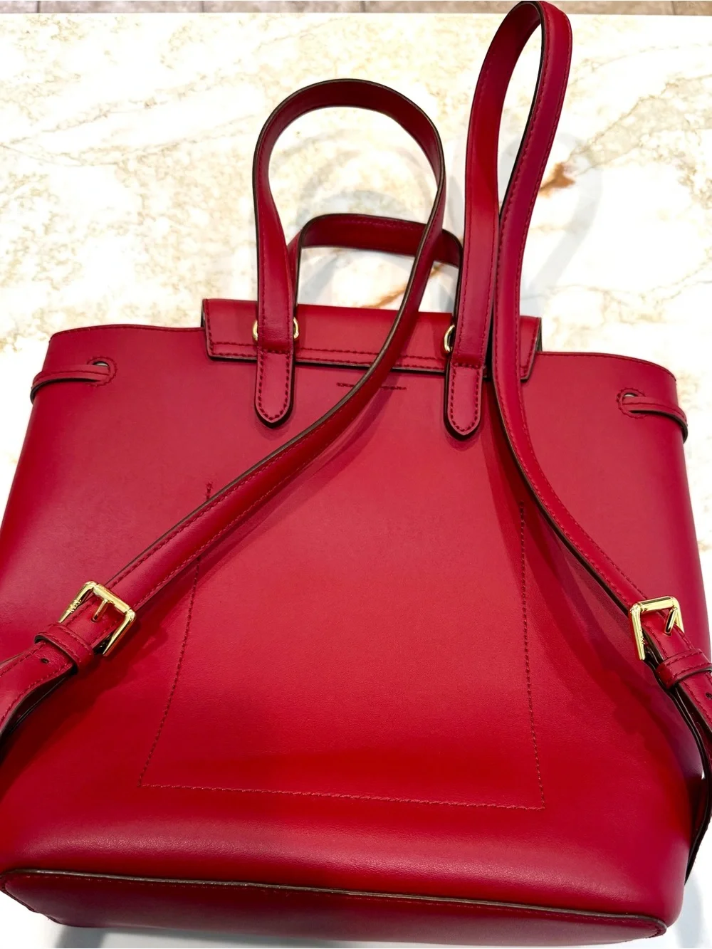 Lauren Ralph Lauren Red Smooth Leather Drawstring Backpack/ purse